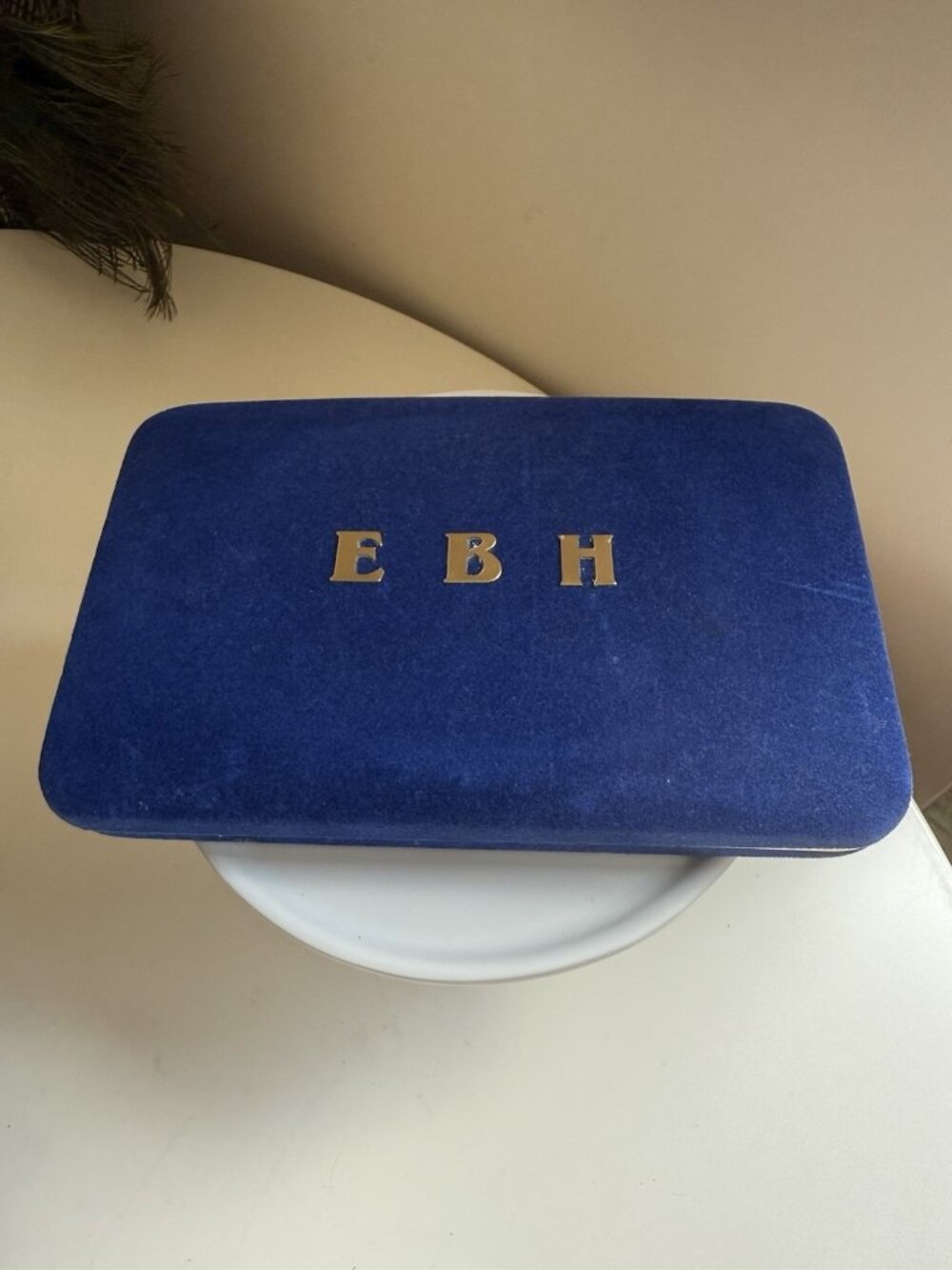 VINTAGE Travel Jewelry Box Case Blue Velvet Gold Trim Plastic Cover Inside